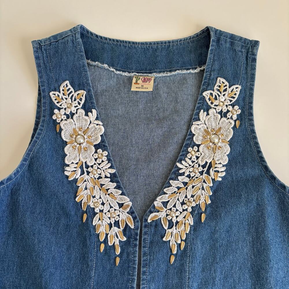 Vintage 90s Cactus California Lace Applique Blue Jean Denim Vest Women’s Medium - Picture 3 of 8
